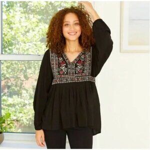 Knox Rose Black Pintuck Peasant Blouse with Floral Embroidery, Size Small